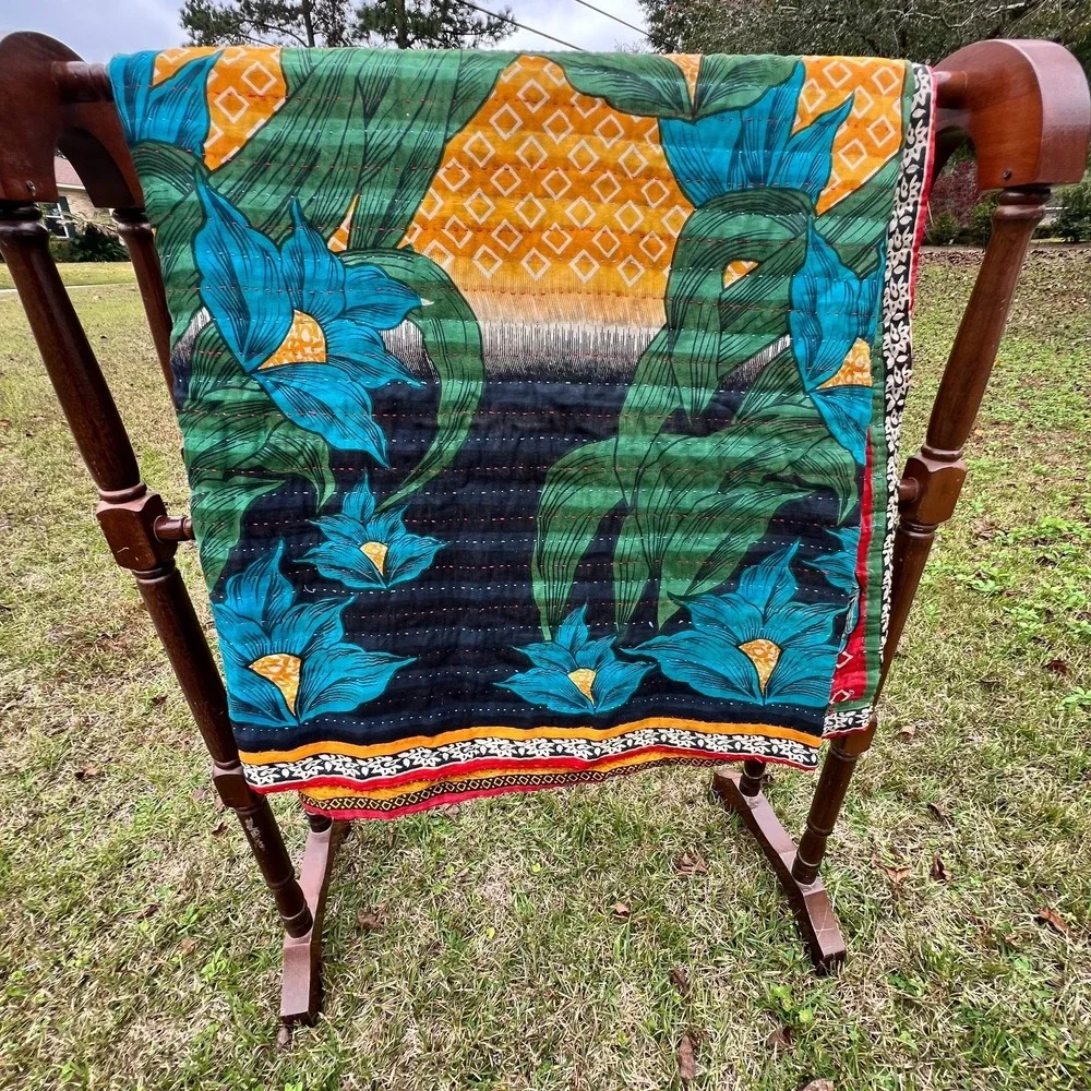 Sacred Sari Kantha Throw Handmade Bangladesh Floral Reversible Quilt 38x78